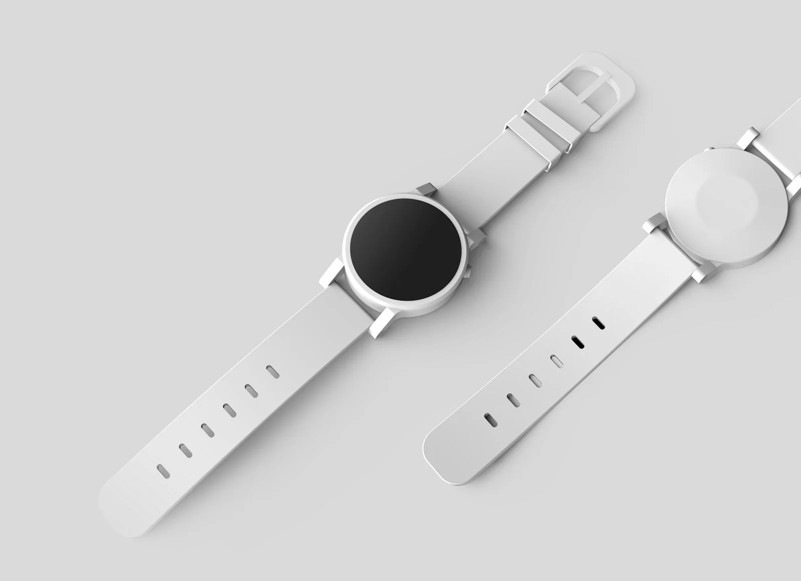 Two minimalist white wristwatches on a pale background.