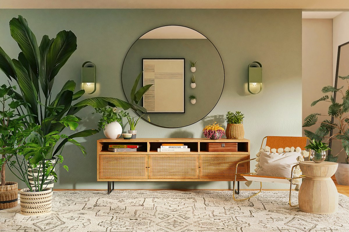 A wooden console beneath a round mirror against a green wall, with plants nearby.