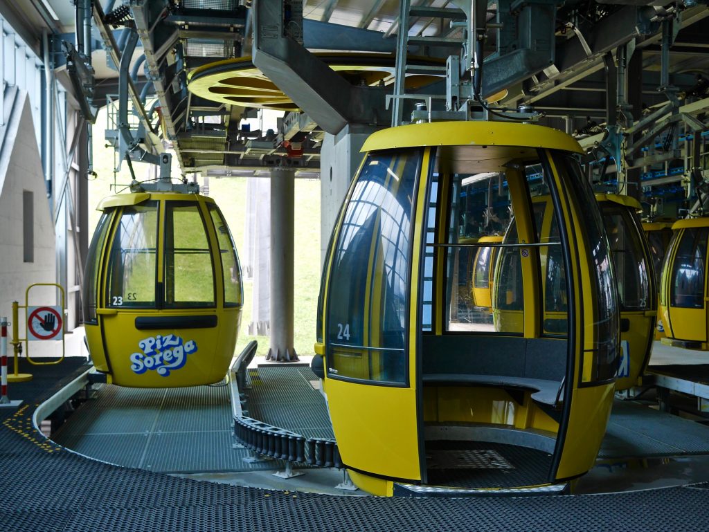 Inside the Piz Sorega yellow cable car hub
