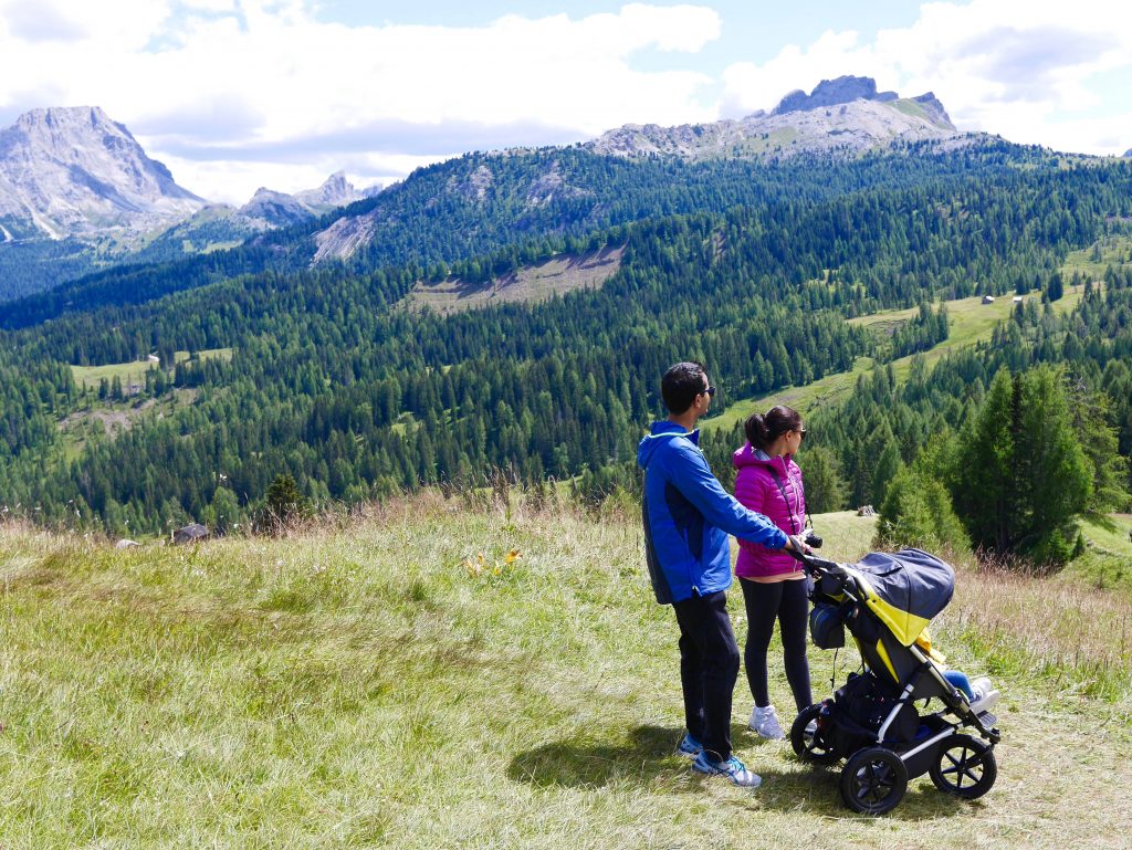 family overlooking the green trees and valley in blue and pink jacket pushing yellow and black pushchair