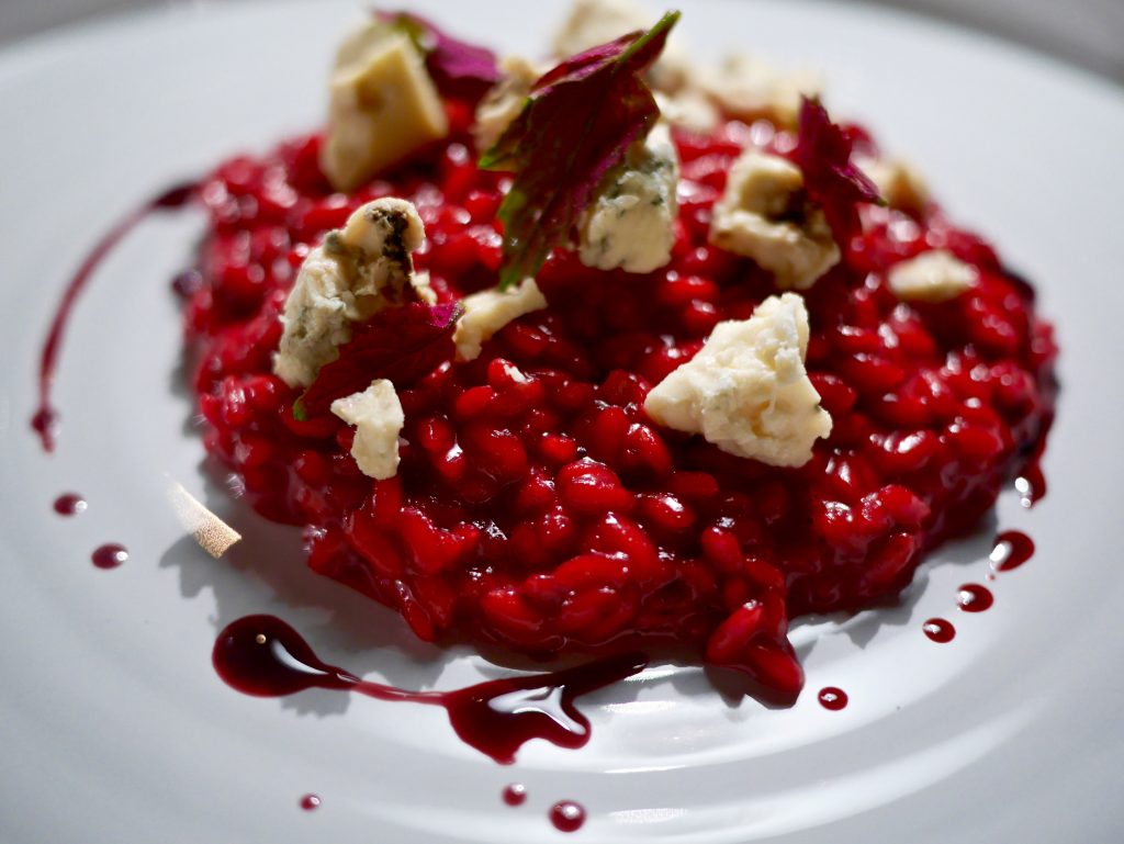 a beetroot risotto with goats cheese