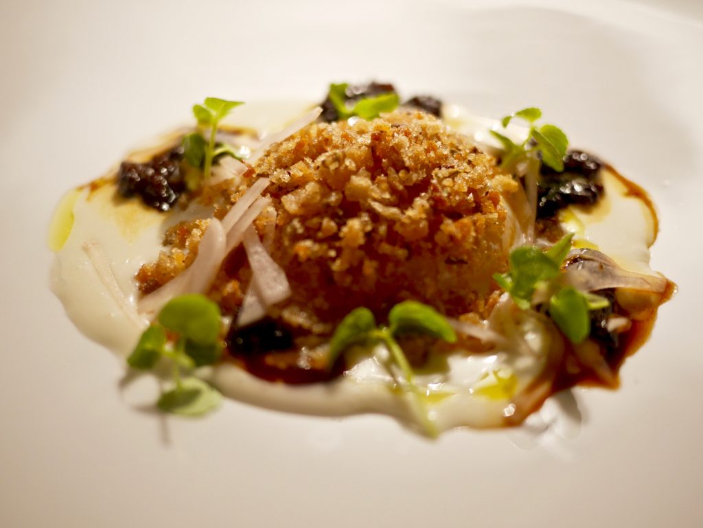 organic egg described as 63/40, rye bread, creamy tree milk, morels and bulbs
