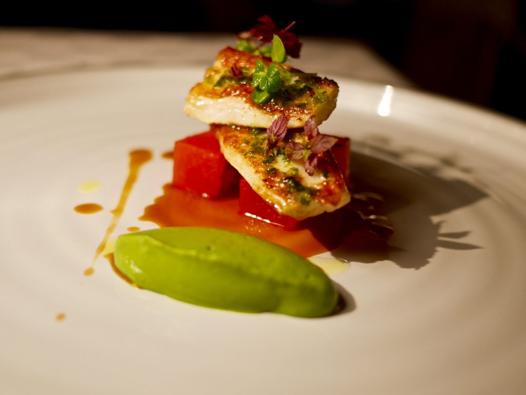 sole fillet, with watermelon, seaweed, pea and mint purée