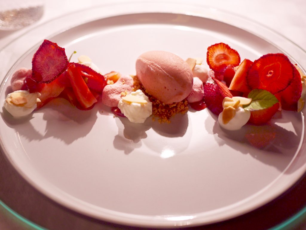 A plate of strawberries in every which way you can imagine - fresh, freeze-dried and powered. Along with rhubarb, the creamiest yoghurt topped with tested almonds and meringue.