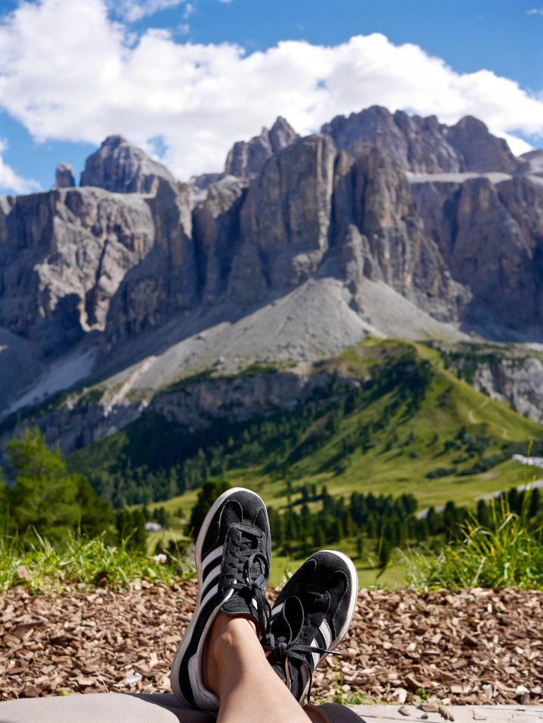 Sima laid on bark picture of black Adidas trainers only over looking the greenery and grey mountains
