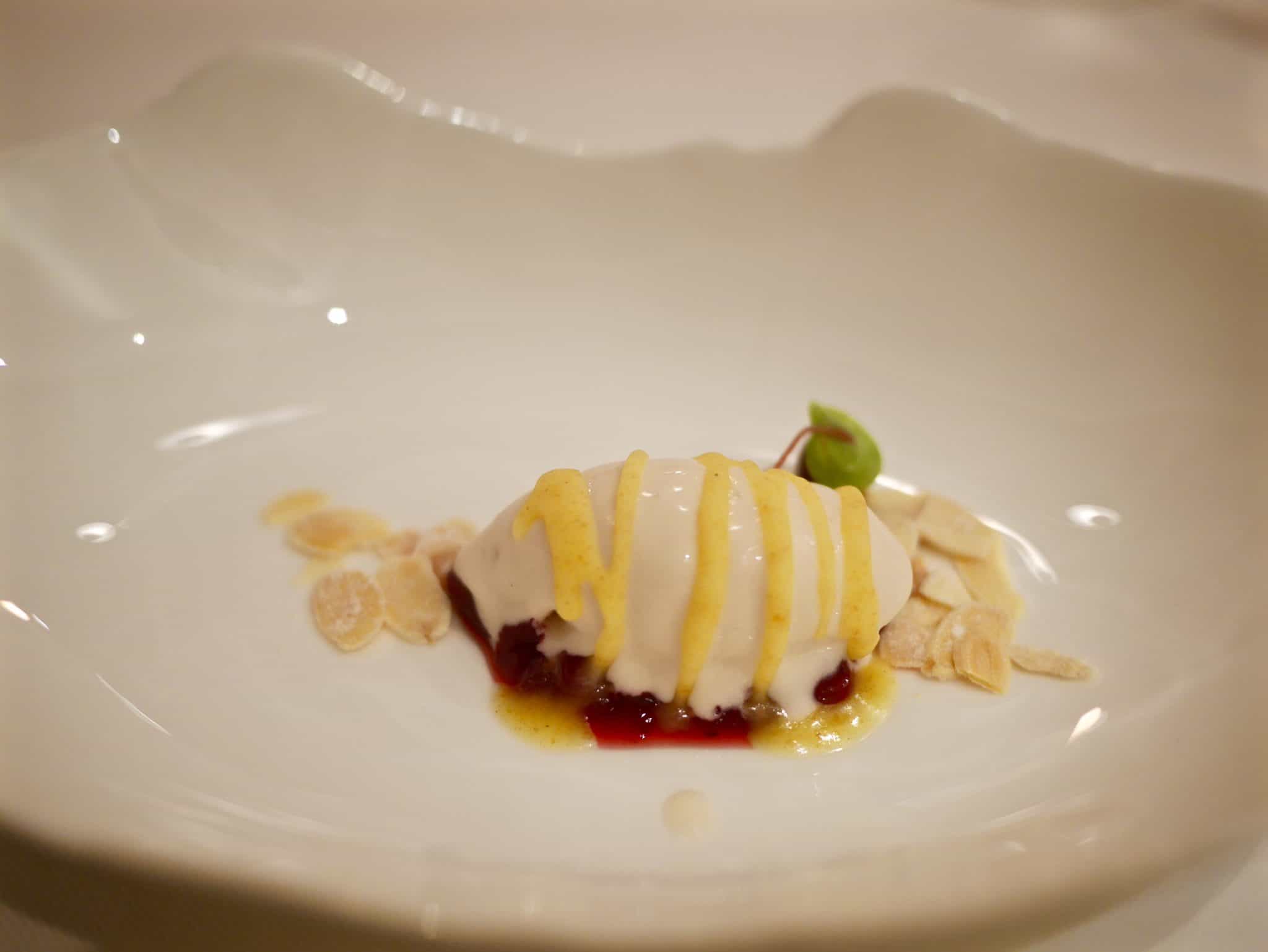 ice-cream, fruit compote and toasted almonds.