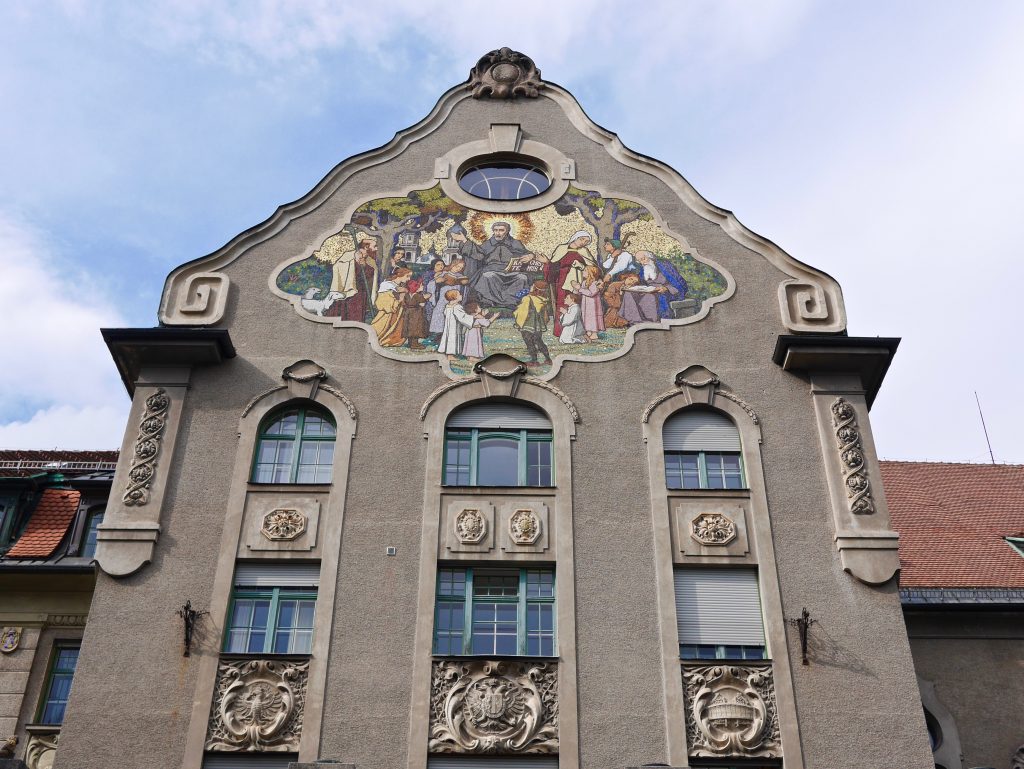 view of a building with painted mural