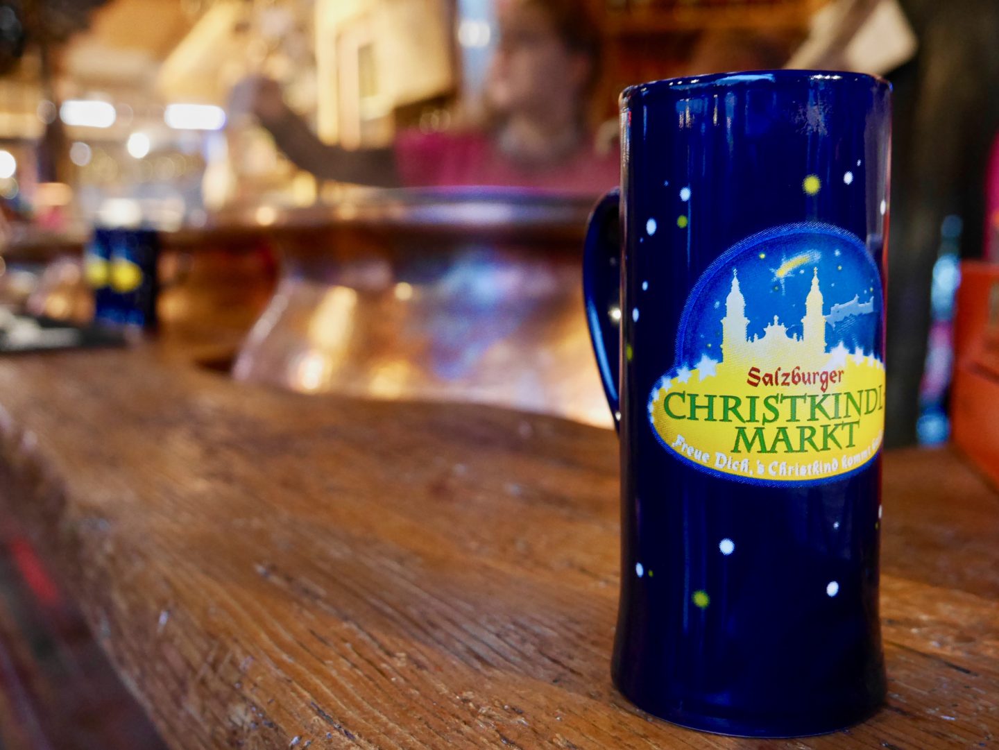view of blue mug with Salzburg Christkind markt