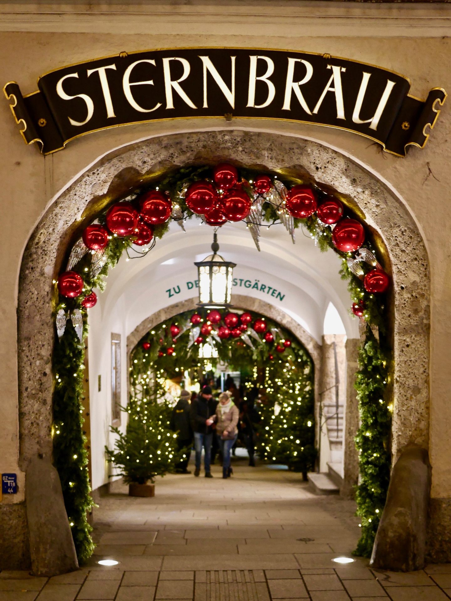 view of the decorated sternbrau in Salzburg Christmas Markets