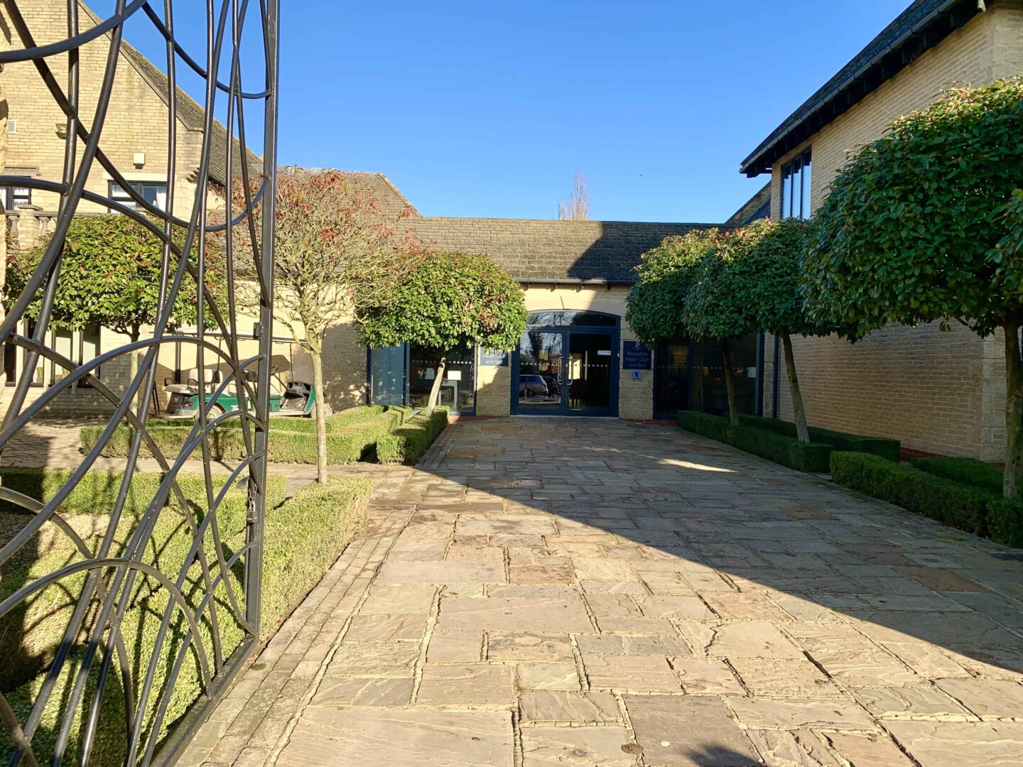view of the entrance with big iron gates and pruned trees