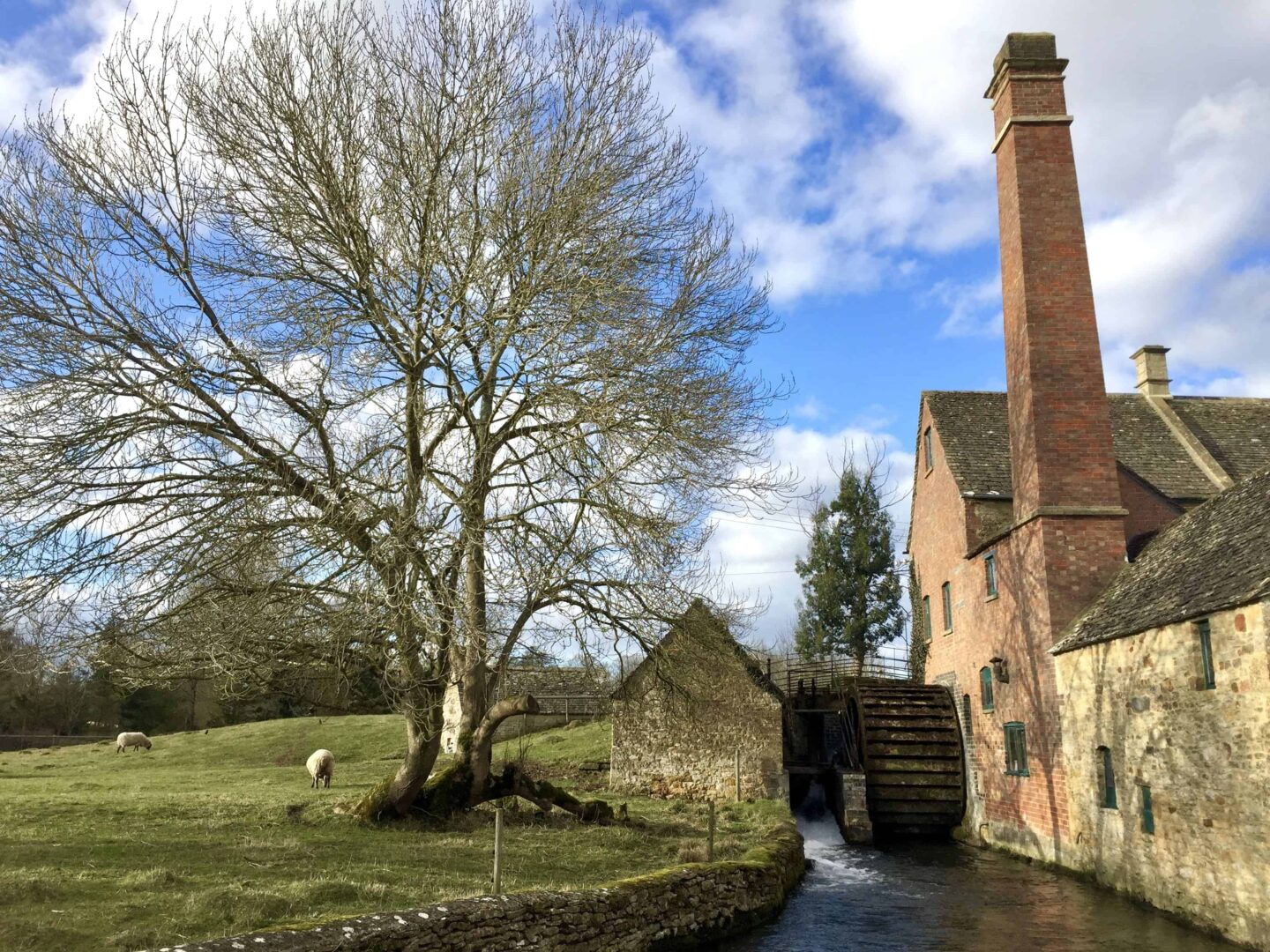 water wheel on the river eye alongside the historic mill in The Cotswolds