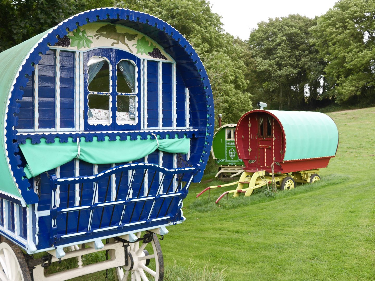 red, blue and green covered horse drawn carts with windows you can sleep in