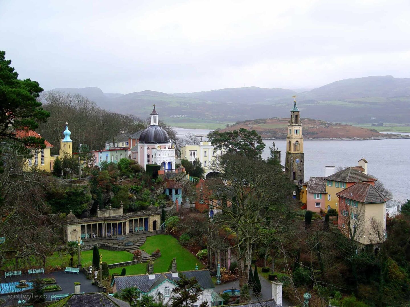 view of Portmeirion from a height looking down towards the town