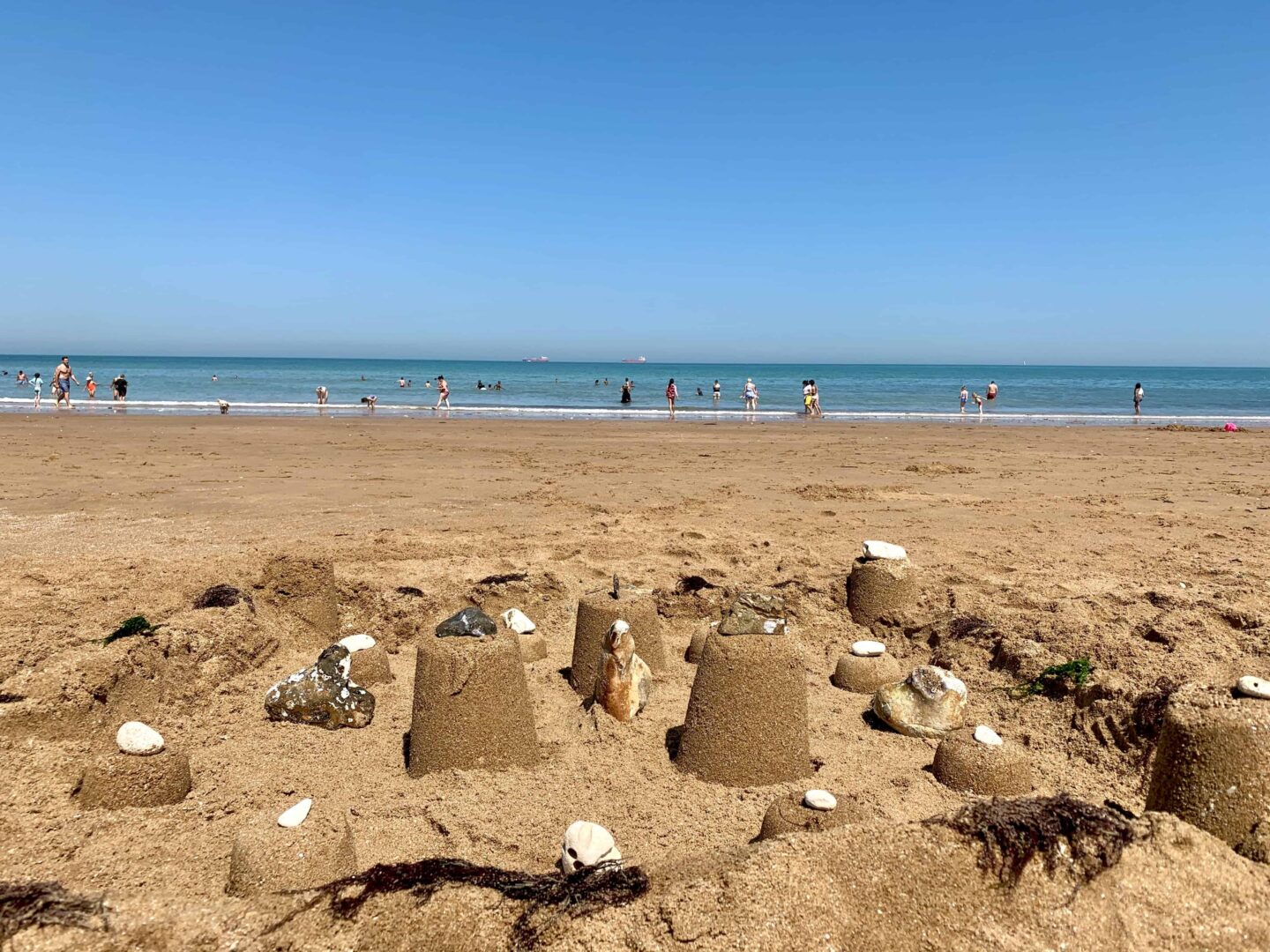 view of sandcastles looking out to the seat on Botany Bay