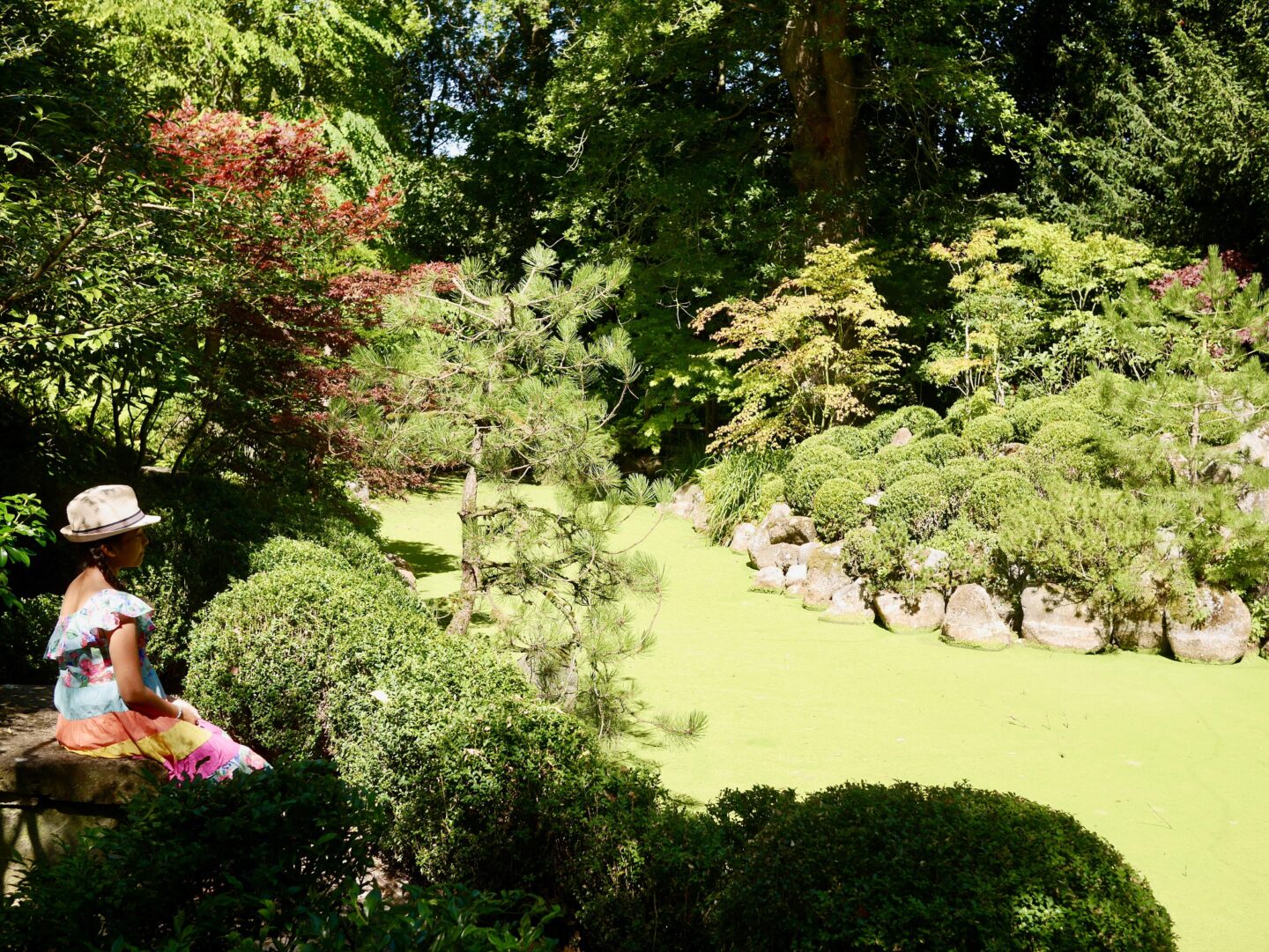view of simas daughter sat on a bench overlooking the japanese ornamental gardens