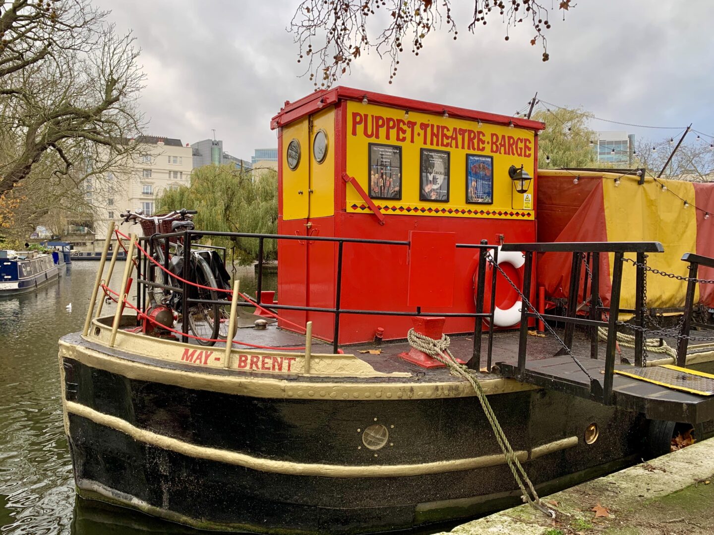 view of the puppet theatre barge on the canal